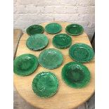 A set of six Wedgwood majolica plates with leaf decoration (23cm), and seven side plates of