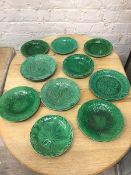 A set of six Wedgwood majolica plates with leaf decoration (23cm), and seven side plates of