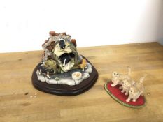 A Border Fine Arts figure of Dog with Cats, with base (10cm), and another, Three Kittens (2)
