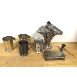 An assortment of Epns and pewter including a footed cigarette box, jigger with horn handle and two