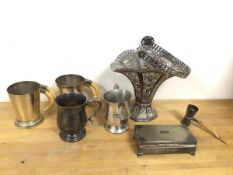 An assortment of Epns and pewter including a footed cigarette box, jigger with horn handle and two