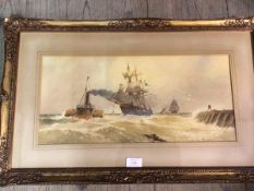 H.J. Brett, Sailing Ship, watercolour, signed and dated '13 bottom left (22cm x 48cm)