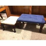 A 1940s footstool with button upholstered top on turned supports (26cm x 50cm x 34cm) and another