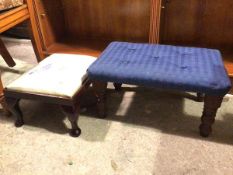 A 1940s footstool with button upholstered top on turned supports (26cm x 50cm x 34cm) and another