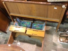 A mid century teak headboard with two matching bedside cabinets, with raised stained glass panels by