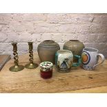 A mixed lot including a majolica style mug depicting a Farmer with Sickle, stamped made in Italy