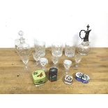 A mixed lot including three whisky glasses, a glass cruet (17cm), a further cruet with metal top and