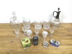 A mixed lot including three whisky glasses, a glass cruet (17cm), a further cruet with metal top and