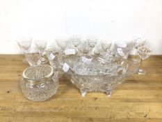 A collection of glassware including sherry glasses, whisky glasses, flower bowl with frog, a