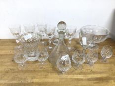 A collection of glassware including a cut glass footed bowl (14cm x 20cm), five wine glasses, four