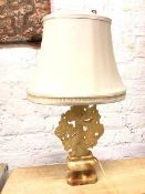 A Chinese carved polished stone table lamp, the body with two birds amongst flowers, on urn style