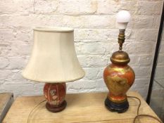 A modern ginger jar, converted to lamp, on wooden base (42cm to top of shade) and a Chinese style