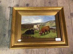 C.W. Middleton (British, flourished 1900), Highland Cattle, oil on panel, signed lower right (19cm x