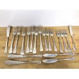 A set of six fish forks and knives with a matching set of seven table forks, all with the intial H