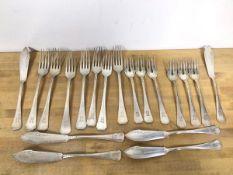 A set of six fish forks and knives with a matching set of seven table forks, all with the intial H