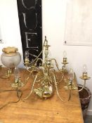 A Dutch style nine arm two tier chandlier, each curved arm ending in drip tray, with pendant (52cm x