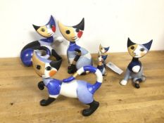 A group of six abstract style ceramic cats, all stamped Goebel to base and inscribed Rosina