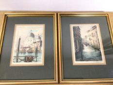 Gaymard, coloured etching of Venetian Canal, and another, Santa Maria della Salute, both signed in