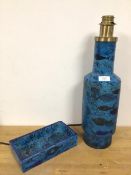 A 1960s/70s ceramic table lamp of bottle form with blue ground and stylised fish decoration (50cm)