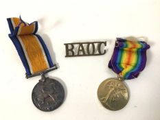 Two WWI medals, both for Private J. Nicolson 029418, and a badge with the initials BAOC (3)