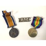 Two WWI medals, both for Private J. Nicolson 029418, and a badge with the initials BAOC (3)