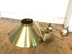 A brass effect hanging light with funnel shaped shade (shade: 17cm x d.42cm)