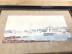 S. Grech, English School, late 19thc/early 20thc watercolour, Harbour with Fortifications, signed