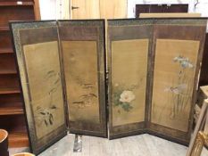 Two two fold 1920s Chinese screens, both with floral and bird watercolours on fabric (total: 172cm x