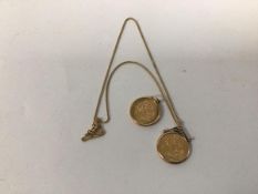 Two sovereigns, 1967 and 1962, both in 9ct gold mounts, one with 9ct gold chain (combined: 21.35g)