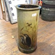 A late 19thc/early 20thc ceramic painted stick/umbrella stand, the exterior with birds and wild