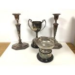 A pair of Edwardian Sheffield plated octagonal candlesticks, with family crest and two