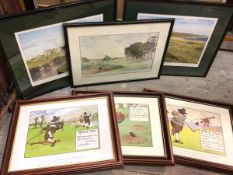 Golf interest: Bunker Hit, watercolour, signed and dated bottom right, two Baxter prints including