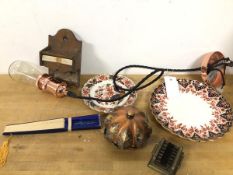 A mixed lot including two Imari palette scalloped edge plates (21cm) and a copper pendant light, a