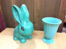 A 1930s Sylvac rabbit in emerald green (25cm) and a tulip style vase, marked Dartmouth, Devon to