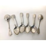 A set of six 1850 Edinburgh silver teaspoons, each with intial M to handle (14cm) (combined: 104g)