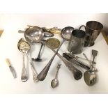 A quantity of Epns including two ladles (35cm), a Christening mug, assorted spoons, forks, knives