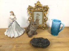 A mixed lot including a gilt metal rococo style picture frame (28cm x 21cm), a blue glass water jug,