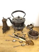 A collection of Epns including a Walker and Hall kettle on stand, a Mappin & Webb salt scuttle, a