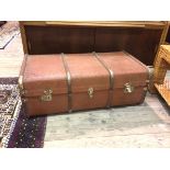 A vintage travelling trunk, wood and metal bound (33cm x 92cm x 50cm)