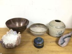 A quantity of Studio Pottery, some signed, including a lidded pot, a Japanese style pot with