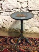 A 1920s blue lacquer chinoiserie tripod table, repaired to one foot (50cm x 30cm)