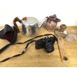 A mixed lot including a Pentax MV camera, a 1970s metal teapot, a classical style jug and
