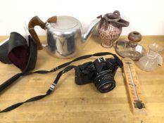 A mixed lot including a Pentax MV camera, a 1970s metal teapot, a classical style jug and