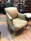 A modern 19thc French style armchair, parcel gilt, the rolled top with rosettes to either end