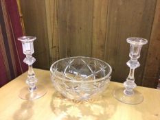 A pair of cut glass candlesticks (20cm) and a cut glass bowl (3)