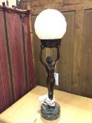 An Art Deco style table lamp with a cold cast bronze figure of a Female Nude holding a spiral opaque