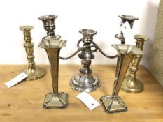 A collection of candlesticks including two of tulip style (18cm), two glass candlesticks and an Epns