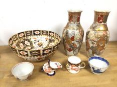 A pair of Satsuma vases, a Royal Crown Derby Imari bowl, a miniature loving cup and salt scuttle,