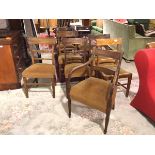 A harlequin set of 19thc and later dining chairs, all with a tan upholstered seat, including