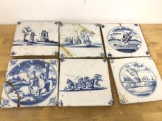 Six Delft tiles, depicting various scenes, one with a Unicorn (each: 13cm x 13cm) (a/f)